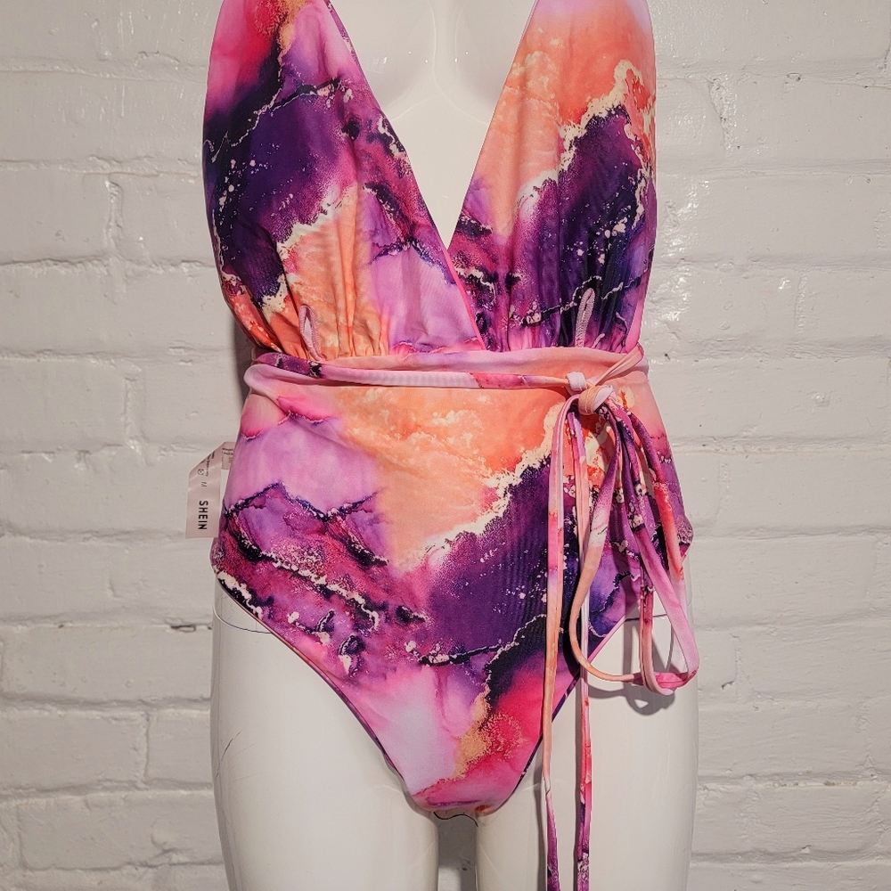 SHEIN Pink and Purple Women's One Piece Swimsuit